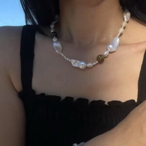 VivivPearl 696 Necklace,Baroque Pearl Tigers Eye Chocker
