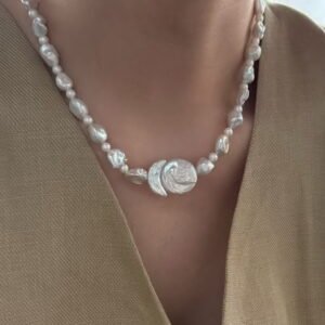 VivivPearl 703 Necklace, Asymmetrical Sun Moon Baroque Pearl Pendant Choker Necklace